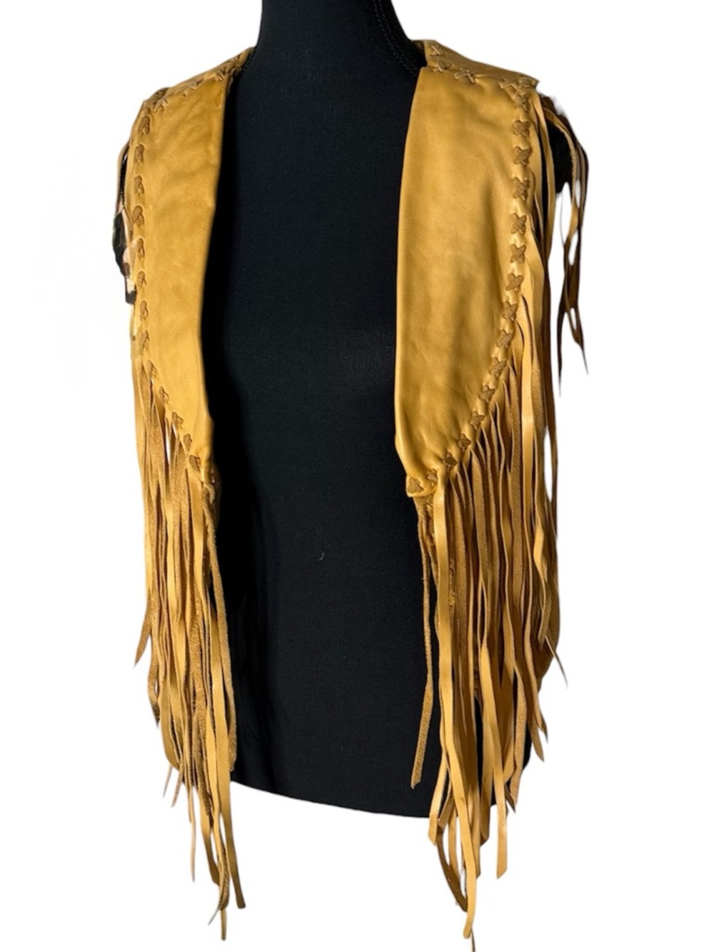 Vintage Yellow Tan Leather Suede Crop Vest Fringe Braided Seams Boho Lined Small - Picture 3 of 16